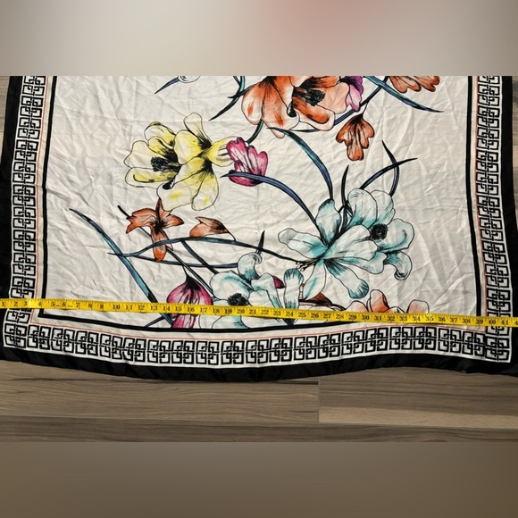 Chico's Square Scarf Floral Orange Pink Yellow Teal White Black Border - Picture 2 of 4